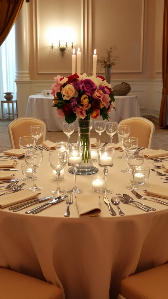 Elegant Dinner Table Setup for Special Occasions An elegant dinner table setup with tablecloth, cutlery, glassware, and floral centerpiece.